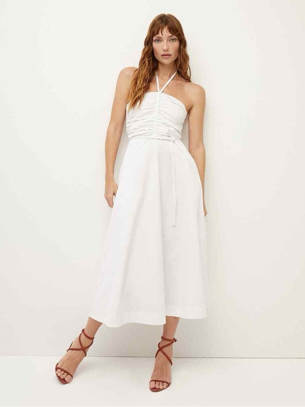 Veronica Beard White Halter Ruched Midi Dress